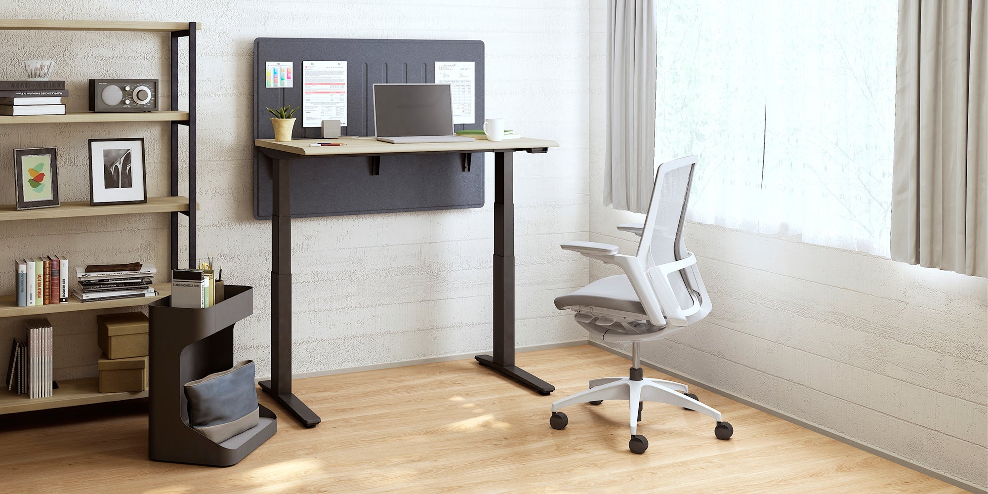 Gray office chair with adjustable desk